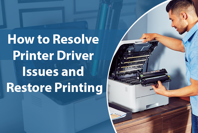 Printer connected to a computer, displaying a driver error message, with troubleshooting steps in progress