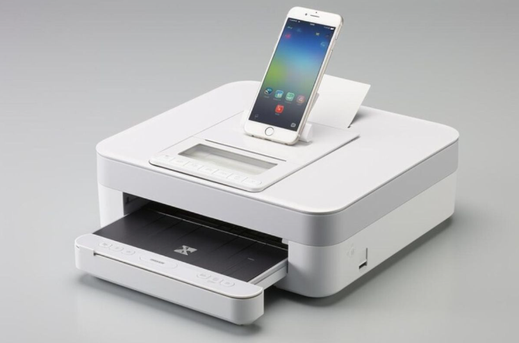 An iPhone next to a wireless printer, showing a connected printing setup