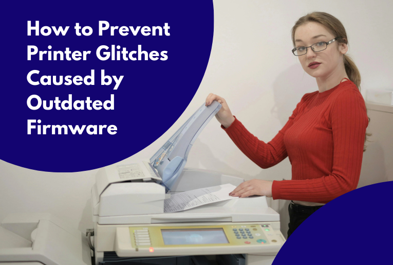 An image woman looking and putting a sheet of paper in the printer which tells how to prevent printer glitches caused by outdated firmware.