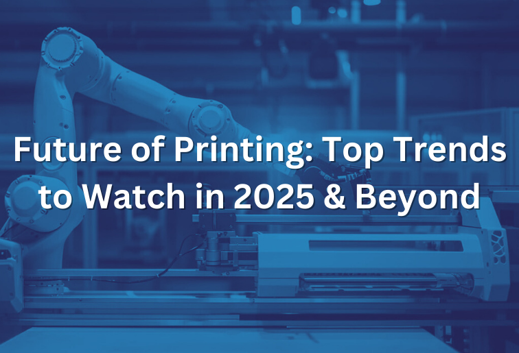 Modern printing technology with futuristic innovations, including 3D printing and eco-friendly solutions, shaping the future of printing in 2025 and beyond.