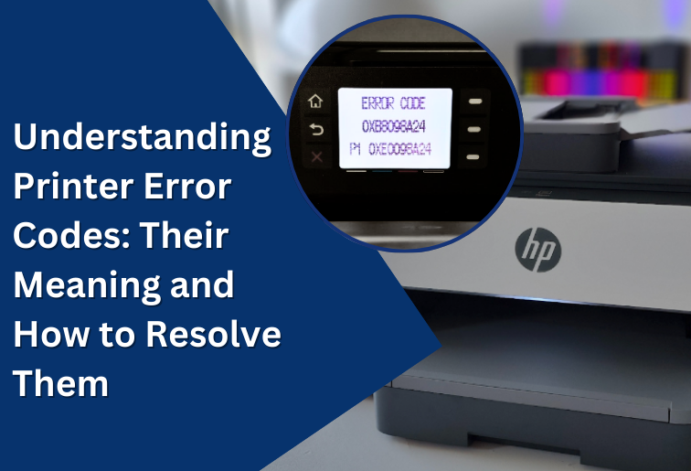 The image shows that an HP Printer is kept in the background. It shows an image of a control panel in a circular shaped frame. The image is titled- Understanding Printer Error Codes: Their Meaning and How to Resolve Them