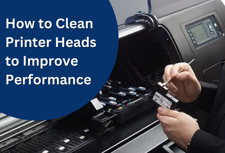 The image shows 2 hands cleaning a printer head with a small brush. The printer is of black color. The image is titled as- How to Clean Printer Heads to Improve Performance