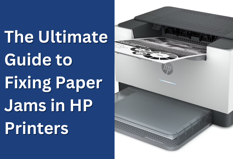 A user fixing a paper jam in an HP printer by carefully removing stuck paper to restore smooth printing