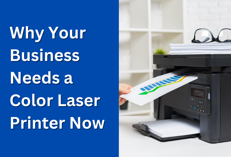 A modern color laser printer producing high-quality business documents with vibrant colors and sharp text.