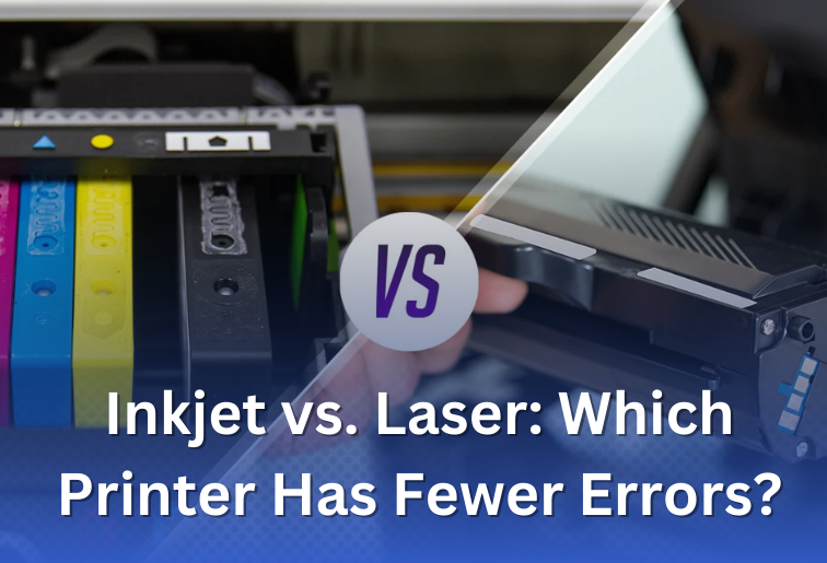 Side-by-side comparison of an inkjet and a laser printer, highlighting common errors and maintenance differences.