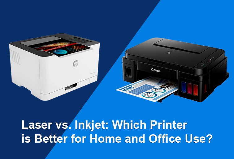 Side-by-side comparison of a laser printer and an inkjet printer, highlighting differences in size and design