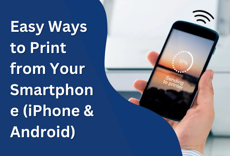 A person wirelessly printing a document from a smartphone to a printer using an iPhone and Android device.