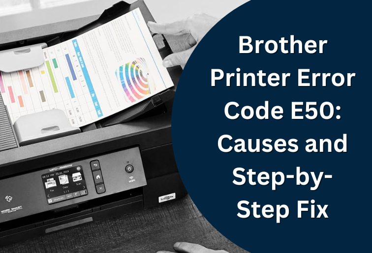 The image shows a printer of black color with sheets of printer paper. The image is titled- Brother Printer Error Code E50: Causes and Step-by-Step Fix