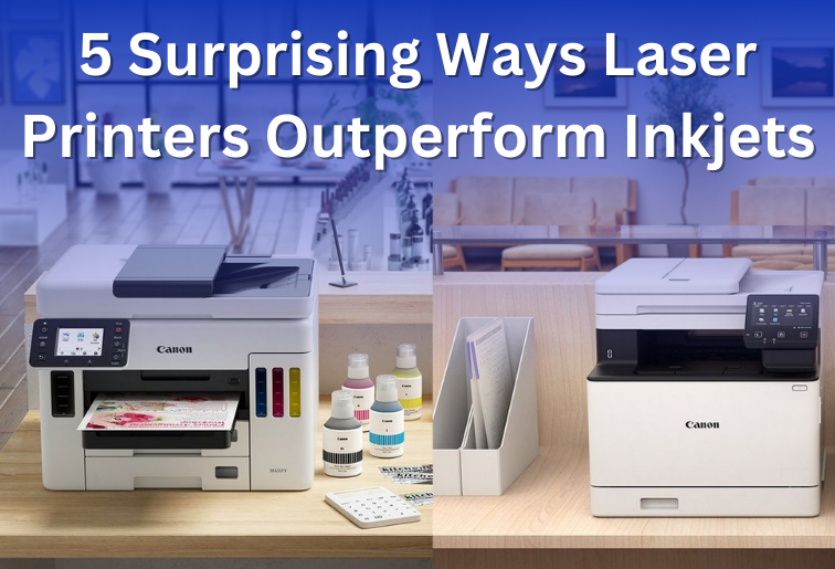 A side-by-side comparison of a laser printer and an inkjet printer, highlighting speed, efficiency, and print quality differences.