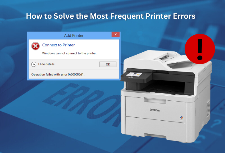 The image has a blue transparent background with an error message. The image displays a add printer prompt and white printer of brother brand and a exclamation mark sign.