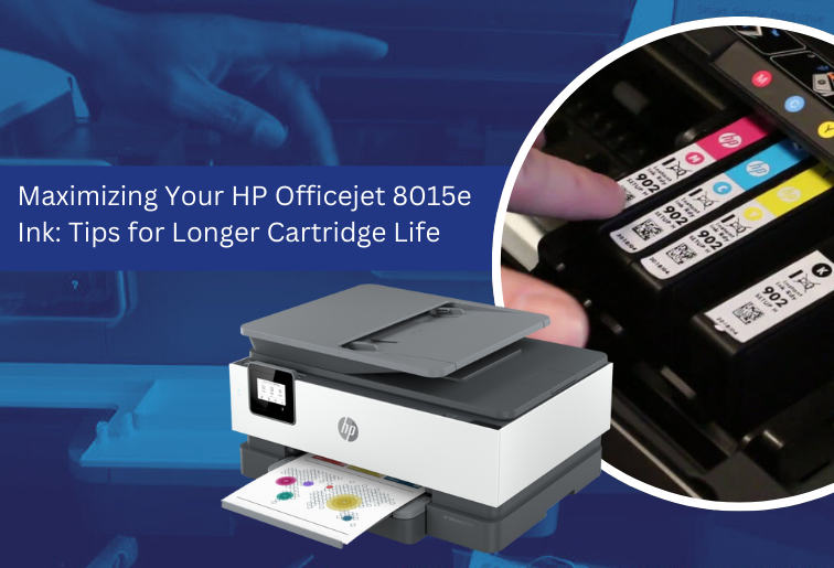 The image shows a blue transparent backgorund with a hand pressing a button of a printer. The image has a white and black HP printer with printed sheets. A circular frame shows a set of printer cartridges.