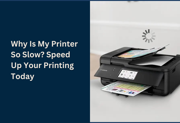 The image shows a black printer with a sheet printed outside of it and a buffer logo above the printer. The printer is titled- Why Is My Printer So Slow? Speed Up Your Printing Today