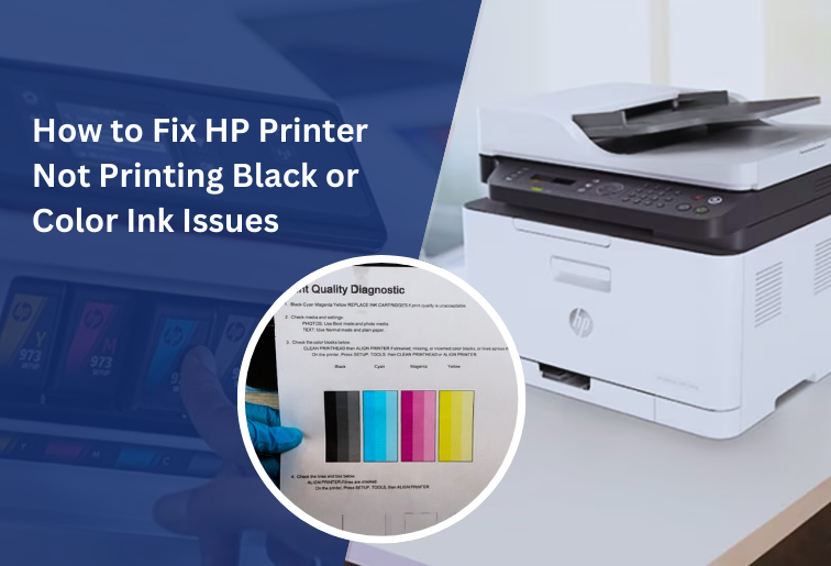 The image shows a white printer and circular image with a gloved hand showing a printed sheet. The image is titled- How to Fix HP Printer Not Printing Black or Color Ink Issues