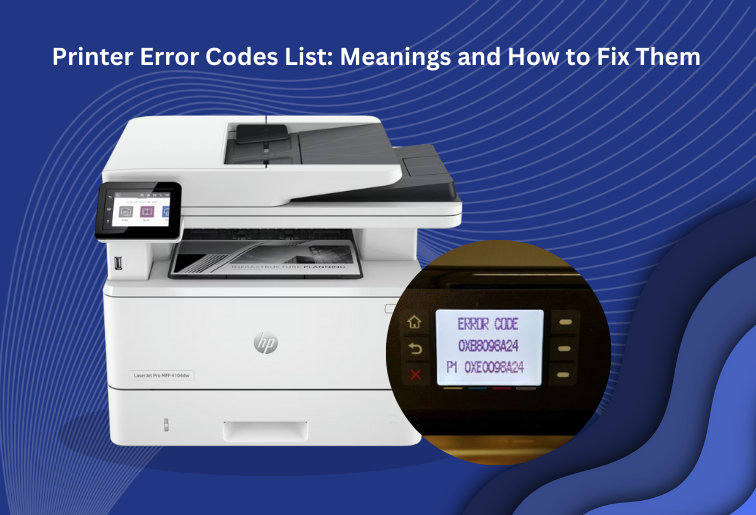 The image shows a blue background and a white printer of HP brand and a circular logo which displays the printer panel showing error code message.