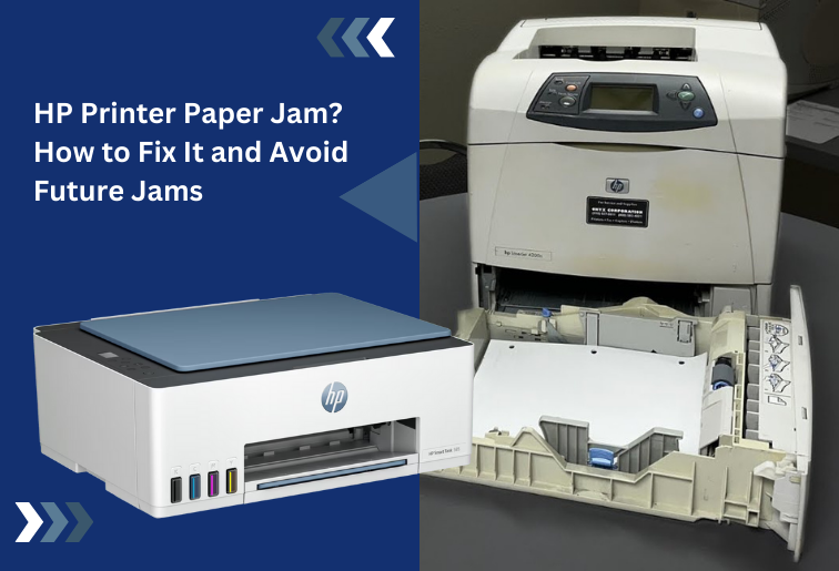 User carefully removing jammed paper from an HP printer to fix a paper jam error.