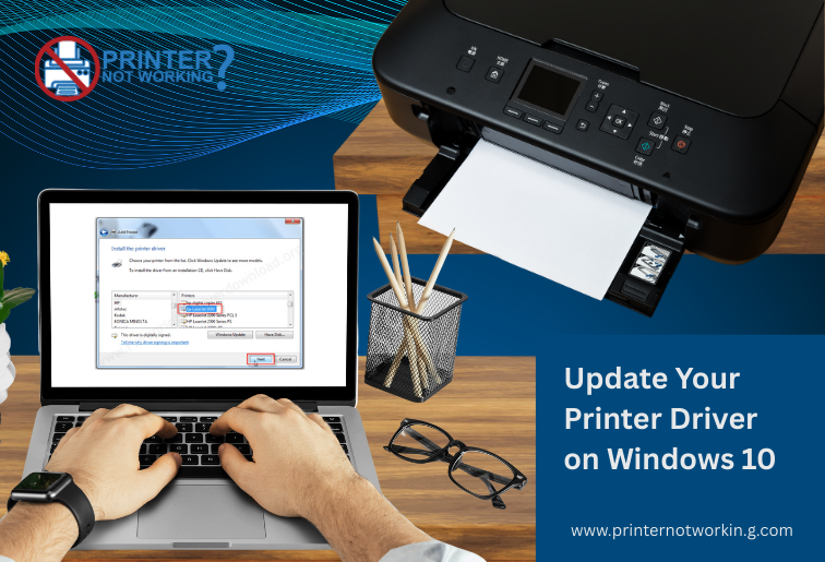 Windows 10 computer screen showing the process to update a printer driver