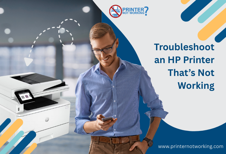 User troubleshooting an HP printer not working, with an error message displayed on the printer screen